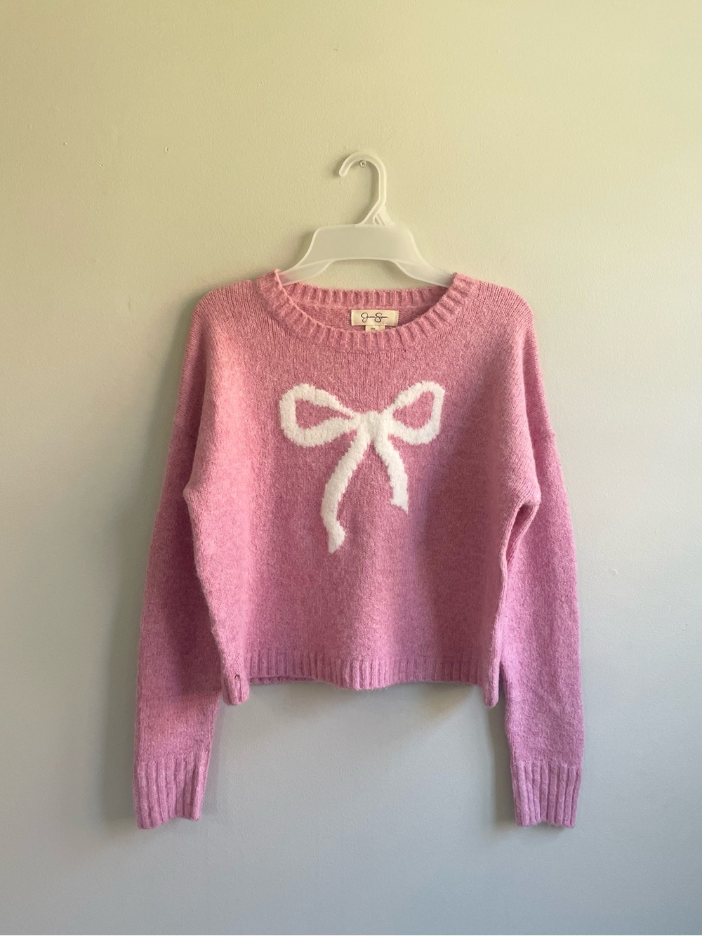 JESSICA SIMPSON PINK SWEATER WHITE BOW CREW NECK SOFT COZY RIBBED KNIT